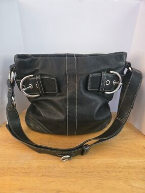Coach Black Leather Shoulder Bag with Silver Buckles
